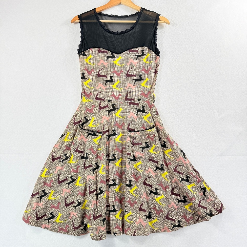 Effie's Heart Fit Flare Dress Women Small Tan Deer Print Rockabilly Pin Up Retro